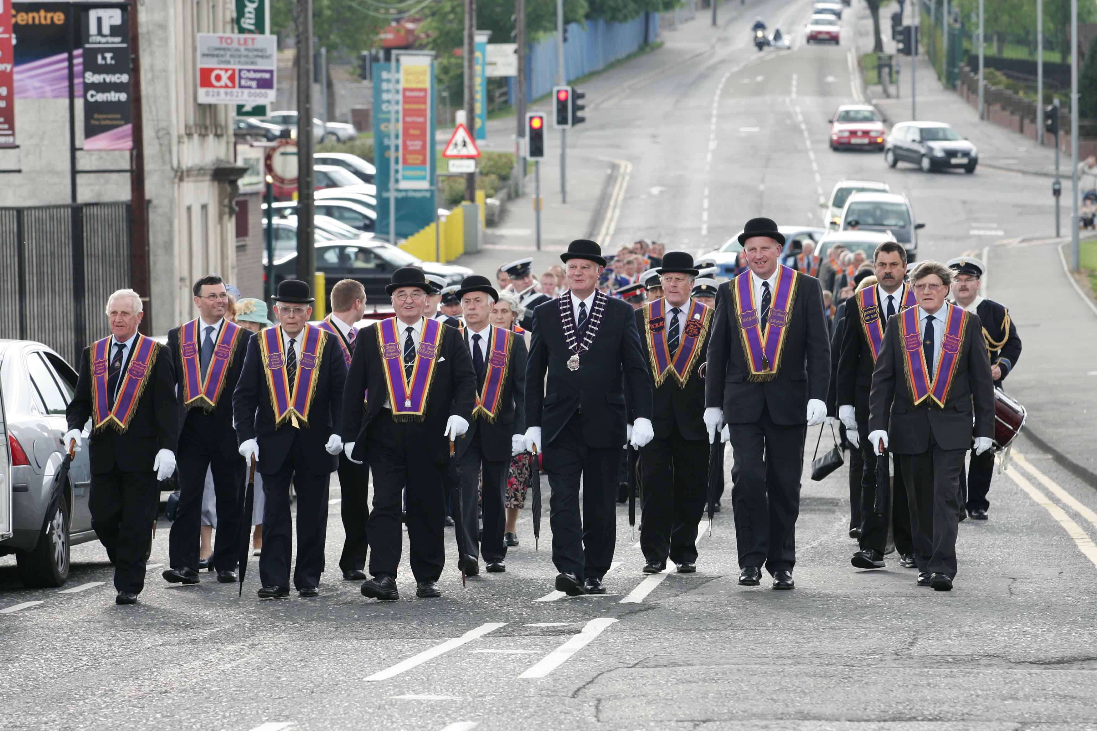 Officers from Banbridge Royal Arch Purple District on parade to Banbridge Baptist Church led by Bro. John Smyth, County Grand Master. 20-41-07.